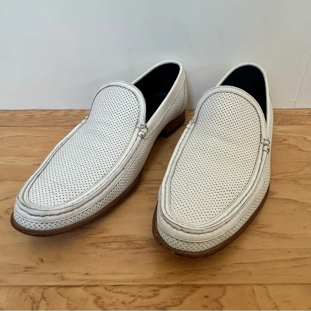 A. Testoni White Leather Perforated Mesh Slip On Loafer 10 1/2 Made in Italy